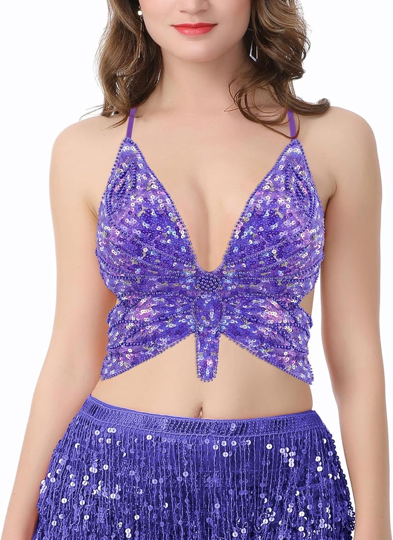 Mocure Womens Glitter Sequin Butterfly Crop Top Low-Cut Tank Top Rave Tube Vest Top for Belly Dance Costume Outfits - Image 2